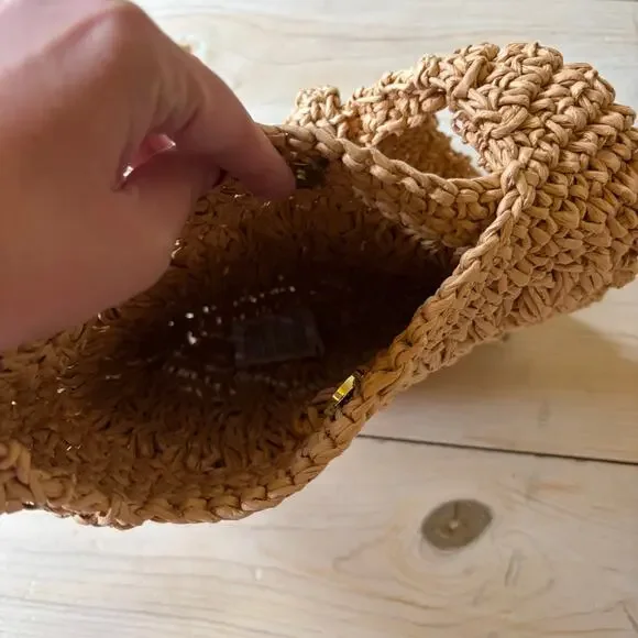 A New Day NWT Women's Straw Woven Tie-Top Shoulder Bag Light Brown Adj Strap - Picture 8 of 8